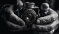 Old fashioned photographer holding antique SLR camera generated by AI