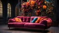 Old Fashioned Pink Sofa Decorated With Flowers and Glass Windows Interior Blurry Retro Background