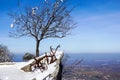 Old fashioned plough in the snow .old antique harrow at a field Royalty Free Stock Photo