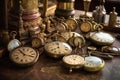 old-fashioned pocket watches arranged on a table