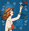 Old fashioned poster in art nouveau style with retro woman drinking champagne and floral frame