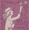 Old Fashioned Poster In Art Nouveau Style With Retro Woman Drinking Champagne And Floral Frame