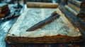 Old-Fashioned Quill Pen Resting on a Dusty Manuscript The pen blurs into the text Royalty Free Stock Photo