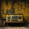 an old fashioned radio sitting in a room with crumbling walls