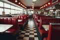 Old Fashioned Red Bar Stools In American Burger Retro Diner Restaurant. Interior Of Bar Is In Traditional American Style