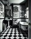 Old fashioned retro bathroom in black and white.