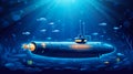 old fashioned retro submarine underwater, vintage or steampunk style sub marine in deep blue sea or ocean water