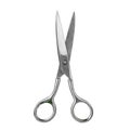 Old fashioned silver metal open scissors white background isolated close up, vintage steel cutting tool for paper, fabric clippers Royalty Free Stock Photo