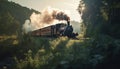 Old fashioned steam locomotive chugs through forest, polluting air with smoke generated by AI