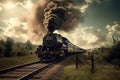 An old-fashioned steam locomotive puffs along the tracks.