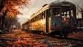 Old fashioned steam train on railroad track, journeying through autumn nature generated by AI