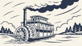 Old-Fashioned Steamboat with Paddle Wheel on a River Vector, vector design Generative AI Royalty Free Stock Photo