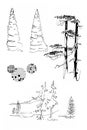 Old fashioned stylization trees drawing ink lineart