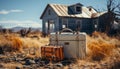 Old fashioned suitcase abandoned in a rustic meadow, nature nostalgic beauty generated by AI