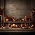 Old-fashioned table with candlesticks, pumpkins ready for feast. Thanksgiving for the harvest