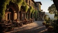 Old fashioned table and chair in a tranquil ancient courtyard generated by AI