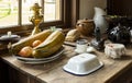 Old fashioned table set with meal