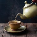 Old fashioned teapot pours hot liquid into antique earthenware cup