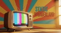 Retro television set displaying static with vibrant colorful backdrop in sunlit room Royalty Free Stock Photo