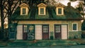 An Old-Fashioned Three Door Garage With a White Facade