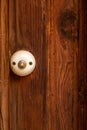 Antique white doorbell on a wooden door