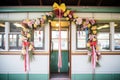 old-fashioned train car with wreaths and ribbons