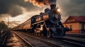 The old-fashioned train is slowly pulling into an old station, AI Generative