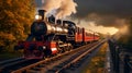 The old-fashioned train is slowly pulling into an old station, AI Generative