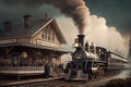old-fashioned train station, with steam engine and vintage carriages waiting to depart
