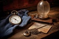 old-fashioned train ticket and pocket watch on wooden seat