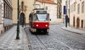 Old fashioned tram in the city center, Prague