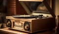 Old fashioned turntable knob turns on antique stereo equipment at nightclub generated by AI Royalty Free Stock Photo