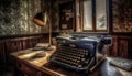 Old fashioned typewriter on rustic wooden desk in dark, nostalgic office generated by AI Royalty Free Stock Photo