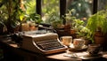 Old fashioned typewriter on rustic wooden desk indoors generated by AI Royalty Free Stock Photo