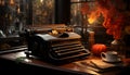 An old fashioned typewriter on a rustic wooden table, a nostalgic image generated by AI