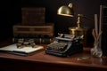 An old fashioned typewriter sitting on a desk next to a stack of books. AI generative image