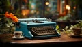 An old fashioned typewriter on a wooden table, close up nostalgia generated by AI Royalty Free Stock Photo