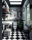 Old fashioned vintage bathroom in black and white.