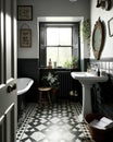 Old-fashioned vintage bathroom in black and white.