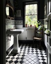 Old-fashioned vintage black and white bathroom.