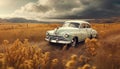 Old fashioned vintage car drives through the rural meadow under blue sky generated by AI Royalty Free Stock Photo