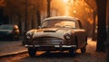 Old fashioned vintage car driving through the dirty city streets generated by AI