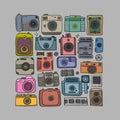 Old fashioned vintage photocamera. Retro and new collection for your design. Icons set. Square frame background. Vector