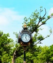 Old fashioned vintage street clock against greenl trees and blue sky Royalty Free Stock Photo