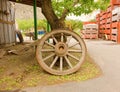 An old-fashioned wagon wheel leaning against a tree Royalty Free Stock Photo