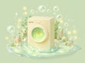 An old-fashioned washing machine floats amidst bubbles and sea creatures in a pastel green underwater scene The backdrop features Royalty Free Stock Photo