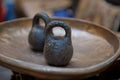 Old fashioned weighing scales . Old style scale with rusty weights on it. Close up view with detail, blur background