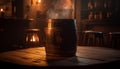 Old fashioned whiskey barrel burning with glowing flame generated by AI