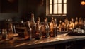 Old fashioned whiskey bottle on dark wooden table in bar generated by AI