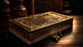 Old fashioned wooden Bible on ornate gold table generated by AI